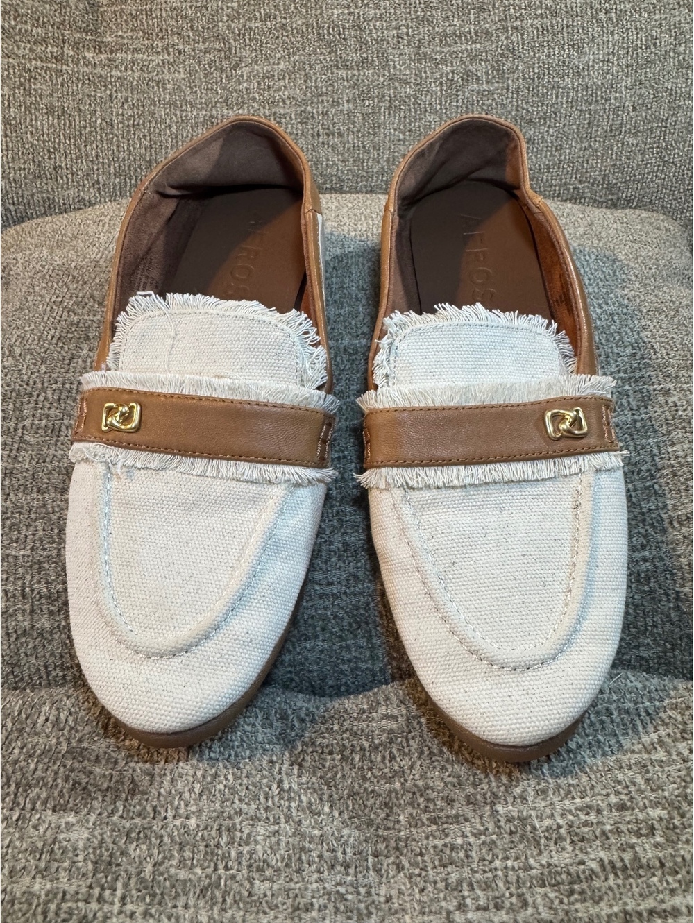 Aerosoles Brik Canvas Loafers with Leather Trim — Cream & Tan — Size 8